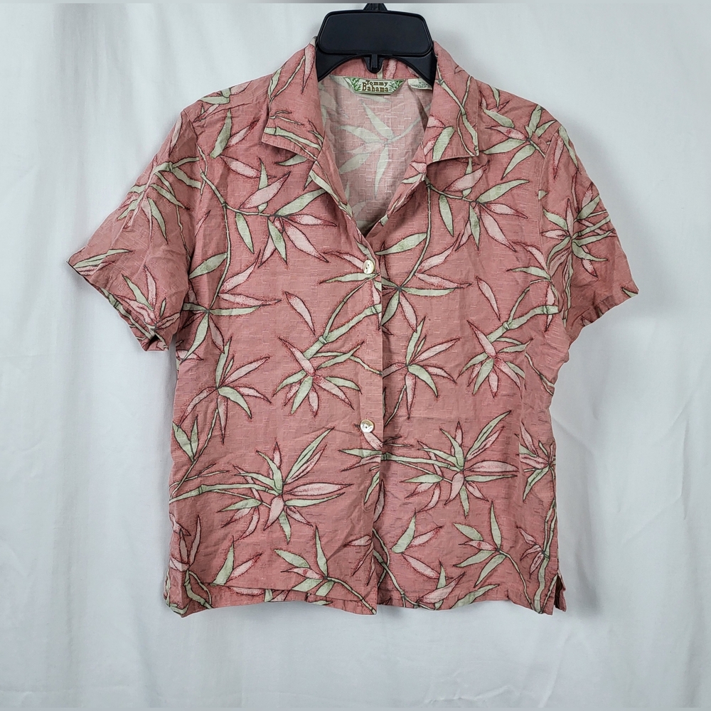 Tommy‎ Bahama Womens Pink Tropical Short Sleeve Button Silk Shirt Small Vintage